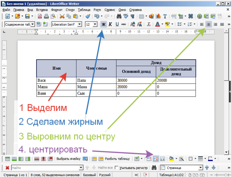 LibreOffice Writer. Настроить шапку таблицы